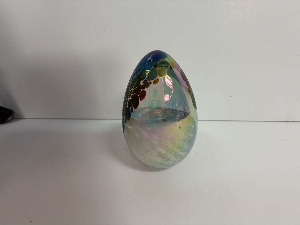 Mount St. Helens Ash Iridescent Art Glass Egg Paperweight, Signed MSH 88